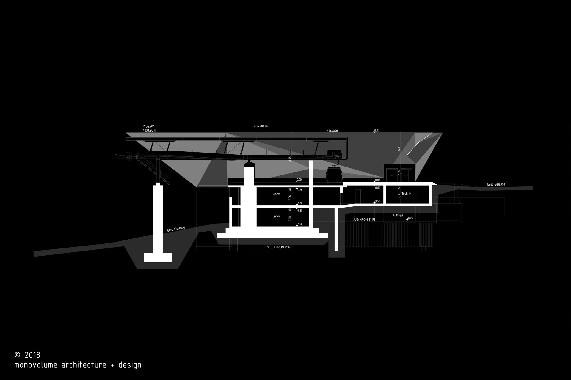 Funicolare Valdaora; Bolzano; Montagna; Infrastruttura montana; Trasporto persone; Impianti sciistici; Rendering architettura; monovolume architecture + design; architettura Alto Adige; architettura moderna; monovolume architetti; concorso architettura